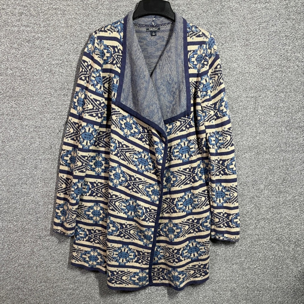 Lucky Brand Cardigan Sweater L Blue Cream Southwestern Geometric Open Front